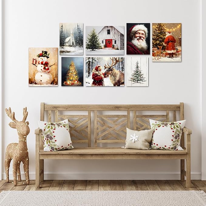 Retro Christmas Tree Canvas Wall Art - Vintage Pine Forest Framed Canvas Prints for Farmhouse Living Room, Rustic Christmas Wall Decor, Cozy Winter Decor & Ideal Christmas Gifts