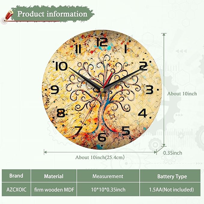 Vintage Wall Clocks Battery Operated,Life of Tree Clock for Living Room,Decorative Wall Clock for Living Room,Bedroom,Bathroom,Kitchen,10 Inch