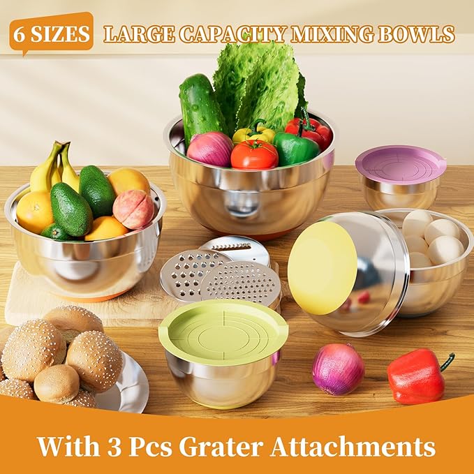 Mixing Bowls with Lids Set, 6 Piece Stainless Steel Nesting Storage Bowls for Kitchen, with 3 Grater Attachments & Non-Slip Bottoms, Size 5.5,3.5,2.5,2.1,1.5,1.1 QT