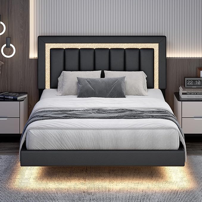 HOMBCK Floating Bed Frame Full with Smart LED Lights, Faux Leather Upholstered Bed Frame Full with Diamond Headboard, No Box Spring Needed, Noise Free, Easy Assembly, Black