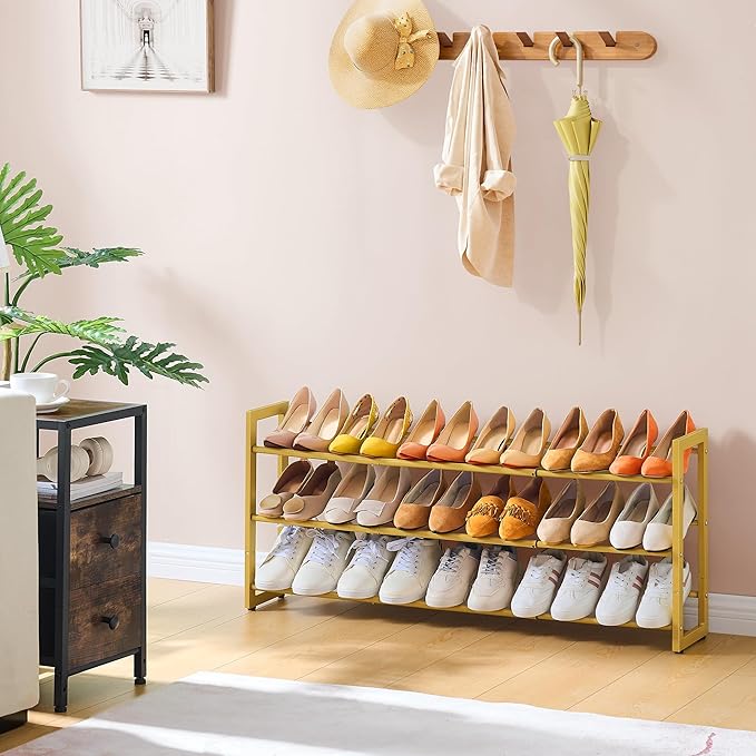 FAVOOSTY 3-Tier Expandable Shoe Rack, Adjustable Shoe Shelf Storage Organizer Space Saving Metal Free Standing Shoe Rack for Entryway Closet Doorway, Gold