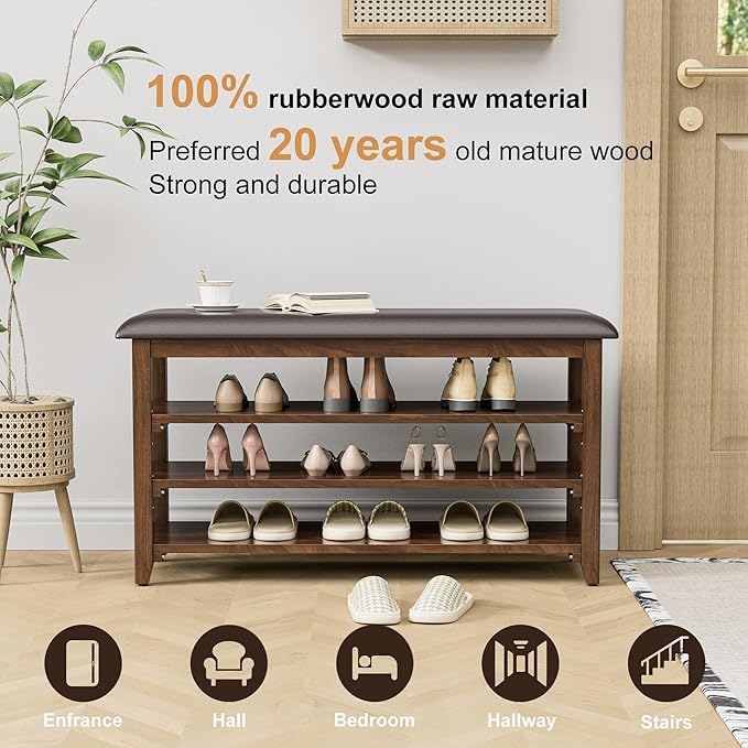 Shoe Bench Storage Rubberwood with Leather Cushion, Entryway Bench with 3-Tiers Height Adjustable, Shoe Rack Front Doors Entrances for Hallway Living Room,Mudrooms (Brown,39.4")
