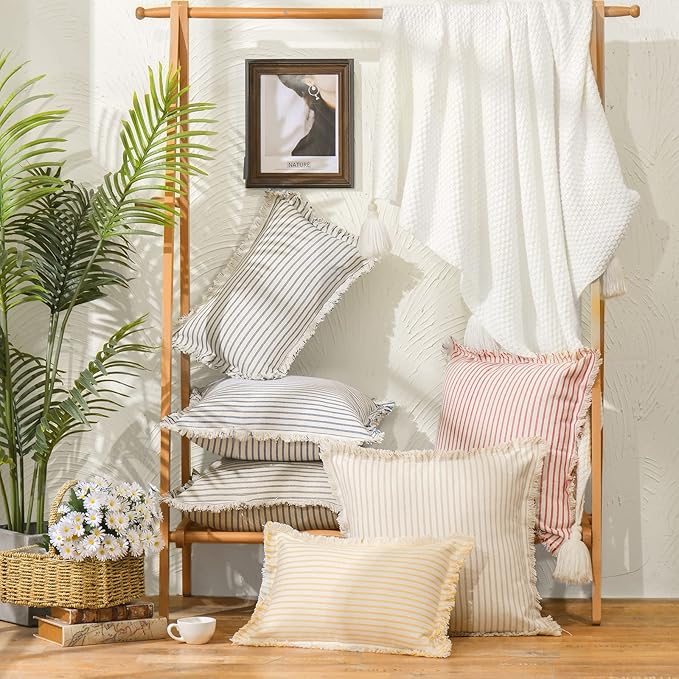ZWJD Throw Pillow Covers 26x26 Set of 2 Striped Pillow Covers with Fringe Chic Cotton Decorative Pillows Square Cushion Covers for Sofa Couch Bed Living Room Farmhouse Decor