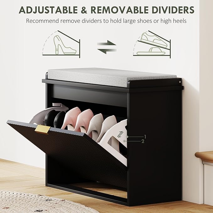 HOMCOM Narrow Shoe Bench with Padded Seat Cushion and Flip-Drawer, Small Entryway Bench Holds up to 265lb, Shoe Cabinet, 24.4x10.2x18.7 Inches, Black