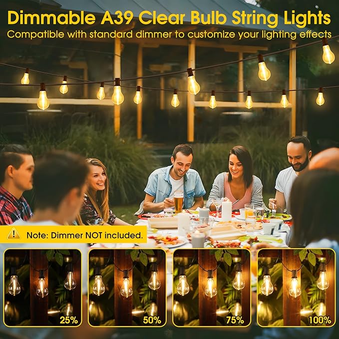 100FT LED Outdoor String Lights, Waterproof Patio Lights with 42 Shatterproof Dimmable 2700K A39 Bulbs Hanging Lighting for Outside Backyard