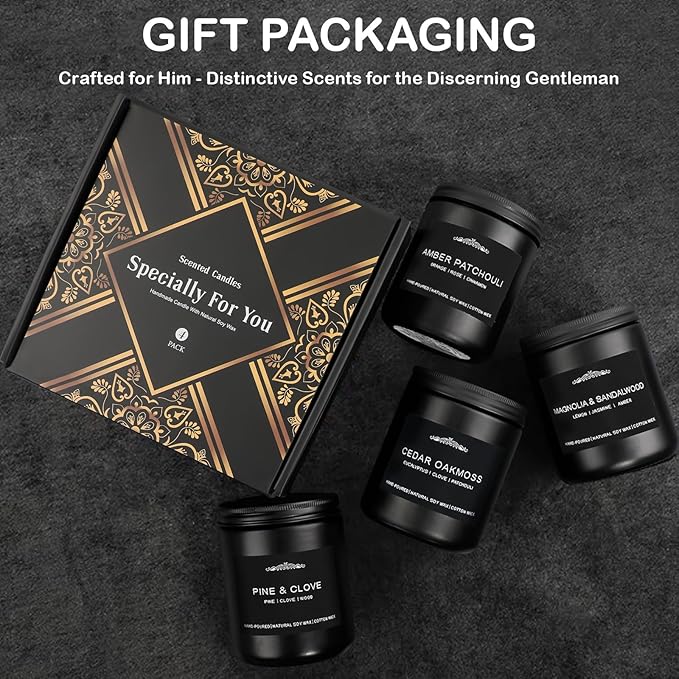 Scented Candle Set for Men, 4 Pack Black Jar Candles with Manly Scents – Amber Patchouli, Magnolia Sandalwood, Cedar Oakmoss, Pine Clove, Soy Wax Aromatherapy Gift for Him, Dad, Husband, Father's Day