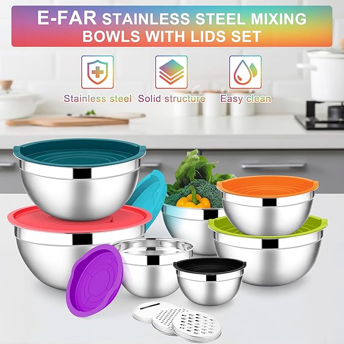 E-far Mixing Bowls with Lids Set, 7-Piece Stainless Steel Mixing Bowls with 3 Grater Attachments, Size 4.6, 3.5, 2.6, 2, 1.5, 1, 0.7QT, Nesting Design & Colorful Airtight Lid, For Baking/Prepping