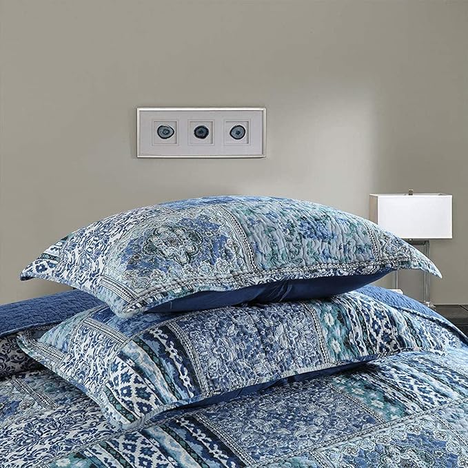 NEWLAKE Quilted Cotton Bed Pillowcases,Blue Classic Bohemian Pattern, 2 Pieces, 20x36 Inch