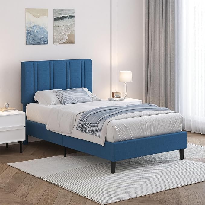 Twin Bed Frame, Upholstered Platform Bed with Button Tufted Headboard, Blue Bed Frame Twin Size for Kids Girls Boys, No Box Spring Required, Easy Assembly, Blue