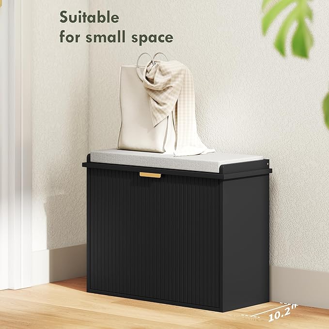 HOMCOM Narrow Shoe Bench with Padded Seat Cushion and Flip-Drawer, Small Entryway Bench Holds up to 265lb, Shoe Cabinet, 24.4x10.2x18.7 Inches, Black
