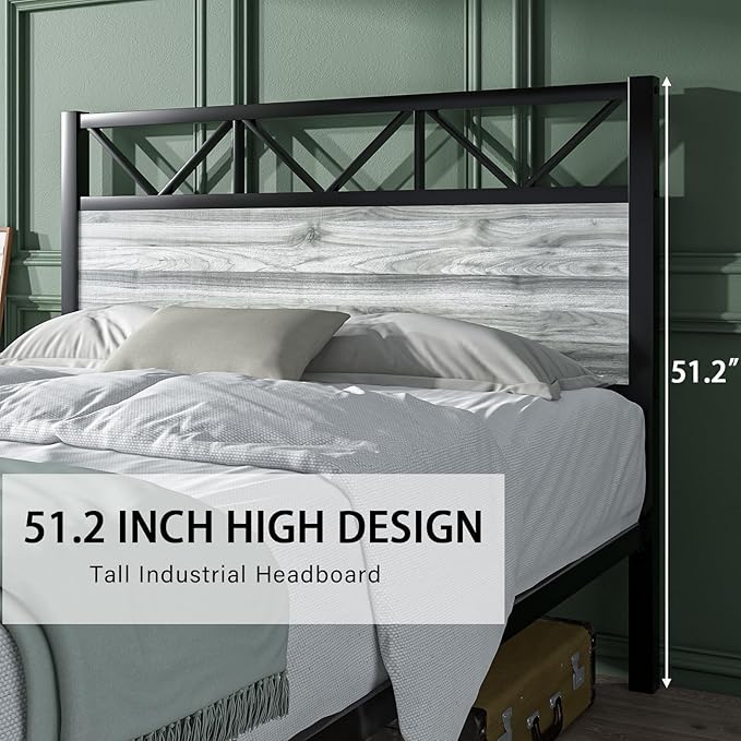 Full Size Bed Frame with Headboard, Industrial 51.2" Tall Headboard, Full Size Platform Bed Frame with Heavy Duty Metal Slats Support, No Box Spring Needed, Noise-Free, Easy Assembly, Wash Grey