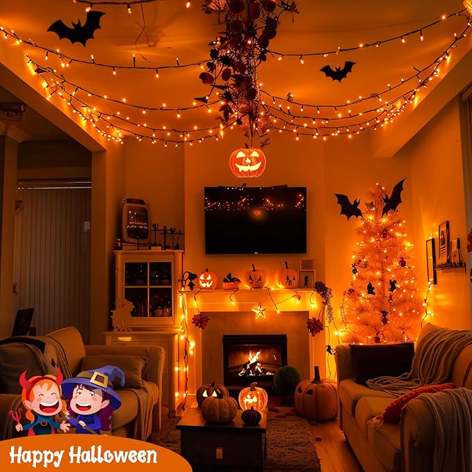 JMEXSUSS Halloween Lights: 132ft 400 LED Orange Halloween Outdoor Indoor String Lights Plug in - Orange Lights for Halloween Christmas Decorations