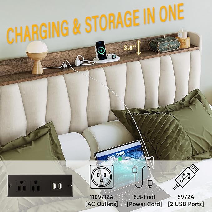 ANCTOR Twin XL Bed Frame with 3 Drawers, Upholstered Platform Bed with Storage Headboard and Charging Station, No Box Spring Needed, Easy Assembly, Beige