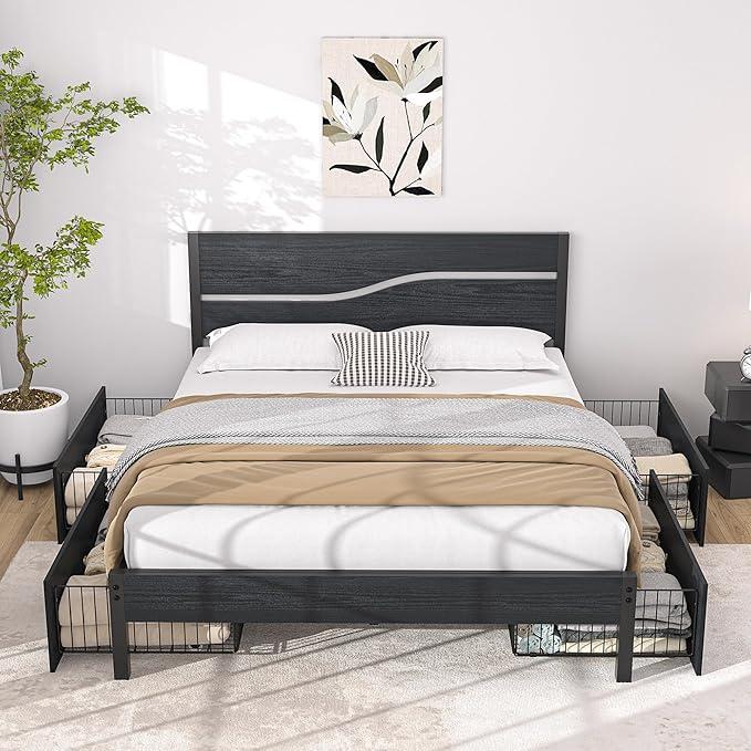 VECELO Queen Size Platform Bed Frame with 4 Drawers and Wood Storage Headboard, Heavy Duty Metal, Large Storage, Noise-Free, No Box Spring Needed, Easy Assembly, Black