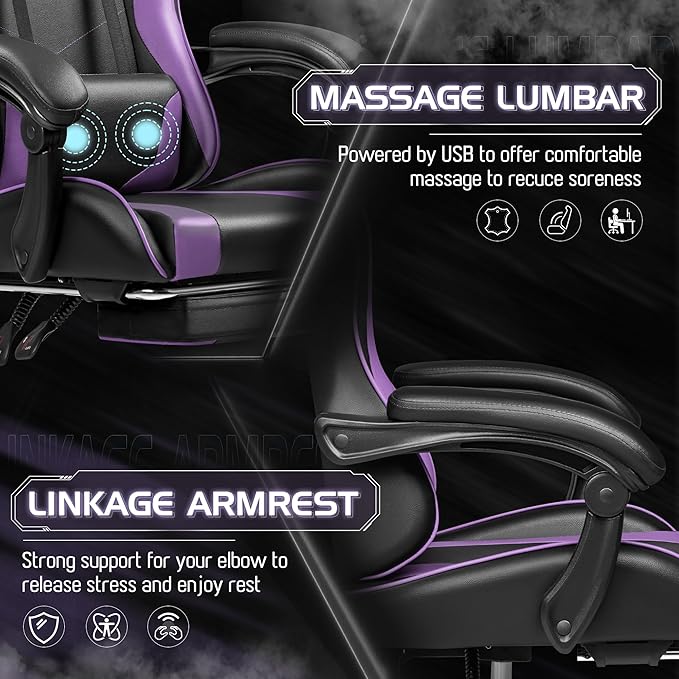 Homall Gaming Chair, Video Game Chair with Footrest and Massage Lumbar Support, Ergonomic Computer Chair Height Adjustable with Swivel Seat and Headrest (Purple)
