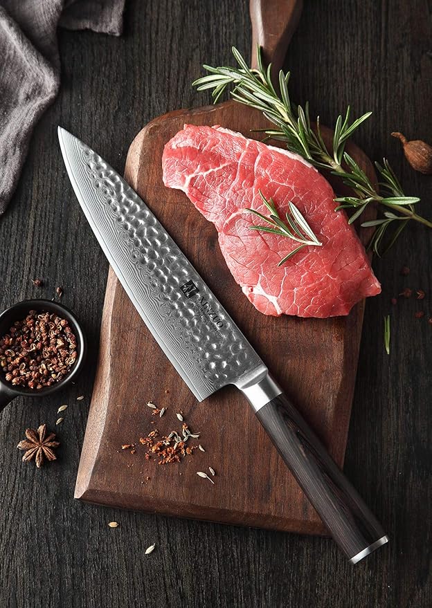 XINZUO 8 Inch Hammered Damascus Chef Knife,67 Layers Damascus Steel Kitchen Knife,Professional Japenese Chef Knife with Gift Box, Dark Brown Pakkawood Handle, Razor Sharp-He Series