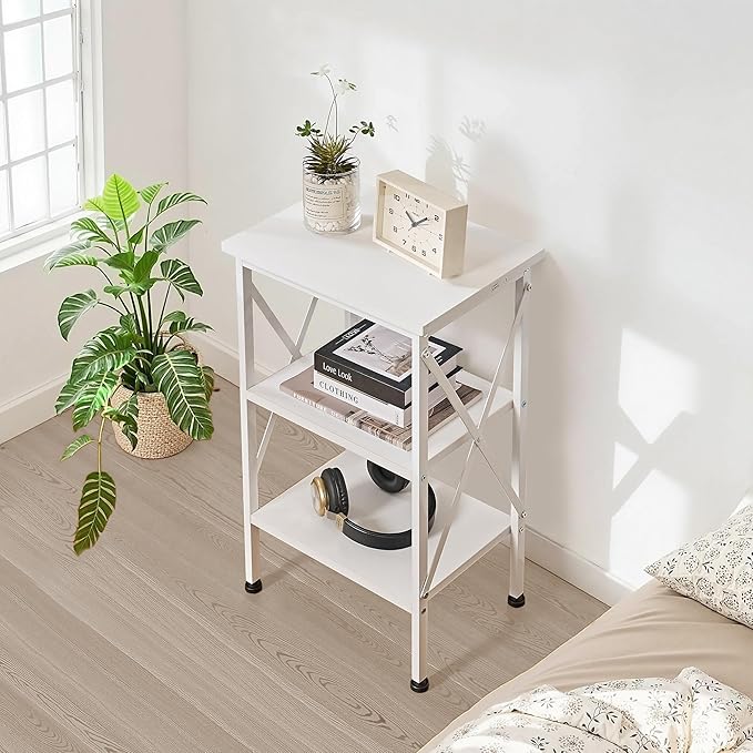 VECELO End Table, Bedside Table, 24" Tall Living Room End Tables, X-Design Reinforced Nightstands, Side Table with 3-Tier Storage Shelves for Small Spaces, Office, Bathroom, Bedroom, Pearl White