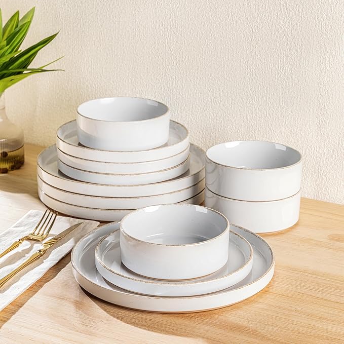 AmorArc Ceramic Dinnerware Sets for 4, 12 Pieces Handpainted Plates and Bowls Set with Rustic Terracotta Underside, Scratch Resistant Stoneware Dishes Set, Dishwasher & Microwave Safe