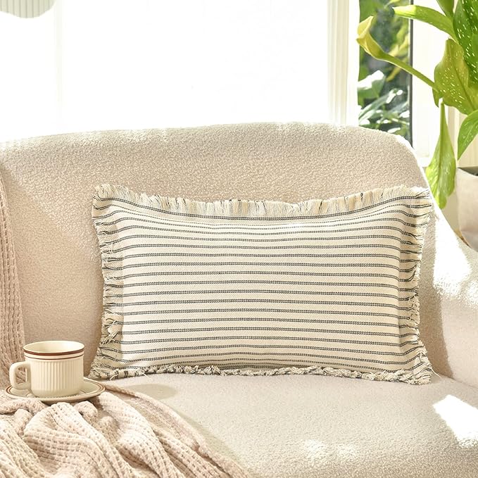 ZWJD Throw Pillow Covers 12x20 Set of 2 Striped Pillow Covers with Fringe Chic Cotton Decorative Pillows Square Cushion Covers for Sofa Couch Bed Living Room Farmhouse Decor