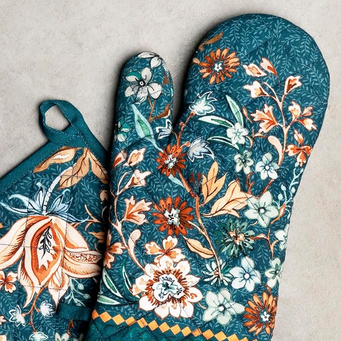 Maison d' Hermine 100% Cotton Oven Mitt & Pot Holder Set (7.5"x13" & 8"x8") Heat Resistant Cooking Gloves with Loop for Thanksgiving Christmas Decorations Handling Hot Pans (Luxury Loft - Dark Teal)