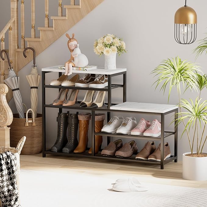 Shoe Rack Bench for Entryway,Free Standing Shoe Storage Organizer for Front Door Entrance,Boot Rack Holder Shelf for Closet with Seat,Sturdy Shoe Shelves for High Heels, Hallways,White Marble