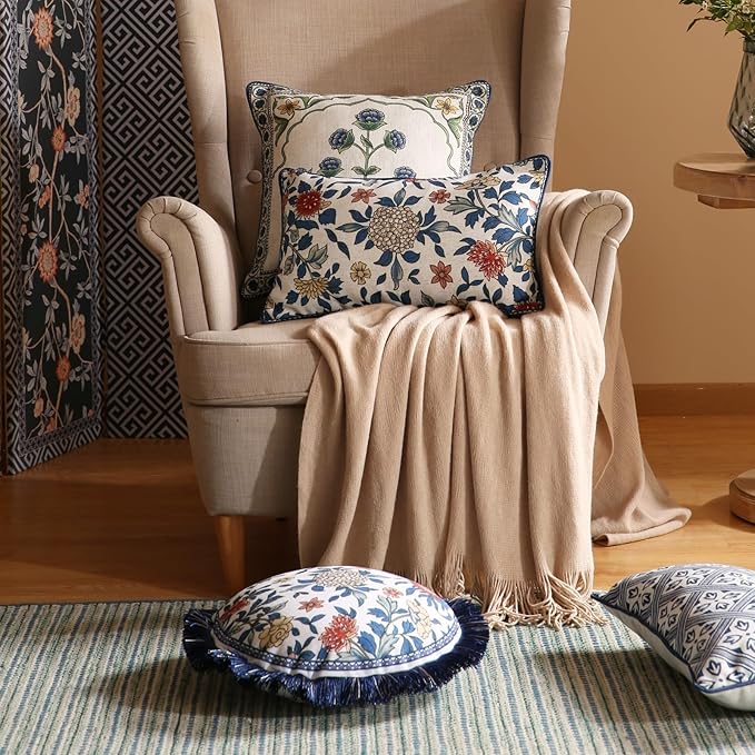 patdrea Designer Throw Pillow Covers Set of 2,Chinoiserie Blue Elegant Linen with Striped Floral Pattern Pillow Cover,Decorative Lumbar Pillowcases Cushion for Bed Living Room Outdoor Car,12"x20"