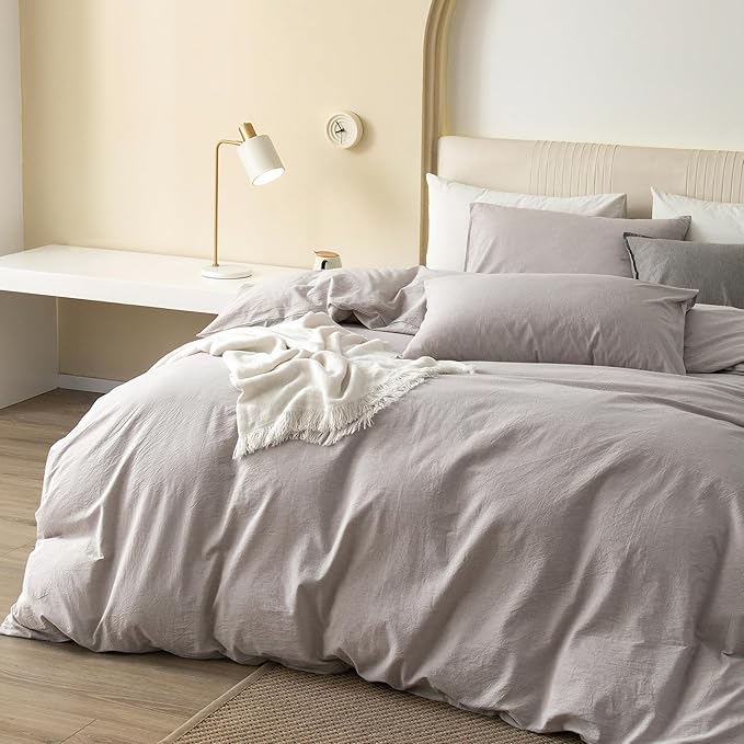 JIYUAN 100% Washed Cotton Duvet Cover Set 3 Pieces Oversized King, 1 Duvet Cover 120x98 Inches(Comforter Not Included) and 2 Pillowcases,Linen Feel Bedding Set Comfy and Breathable, Heathered Linen