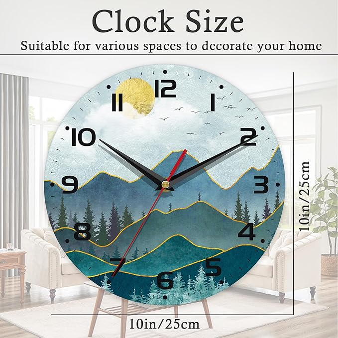 Wall Clock, 10 Inch Silent Non-Ticking Home Kitchen Decor, Battery Operated for Bathroom Bedroom Living Room Office(Abstract Mountain Sun)