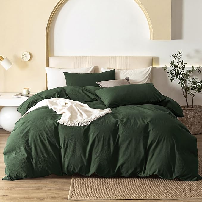 JIYUAN 100% Washed Cotton Duvet Cover Set 3 Pieces Super Queen, 1 Duvet Cover 90x98 Inches(Comforter Not Included) and 2 Pillowcases,Linen Feel Bedding Set Comfy and Breathable,Forest Green