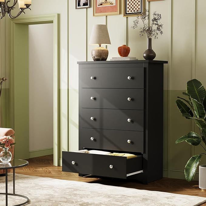 WLIVE Wood Dresser with 5 Drawers, Black Wooden Storage Cabinet, Organizer Drawers for Bedroom, Living Room, Hallway, Measuring 15.75" W * 31.50" D * 45.35" H 