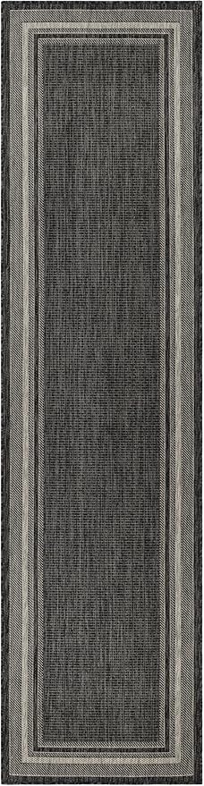 Unique Loom Outdoor Border Collection Area Rug - Soft Border (2' 7" x 10' Runner, Black/ Ivory)