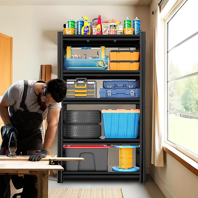 5-Tier Storage Shelving 32" W Steel Heavy Duty Shelving Unit with Shelves for Heavy Duty Metal Shelving Adjustable Garage Shelving Rack Storage Kitchen, 63" H X 32" W X 16" D, Black