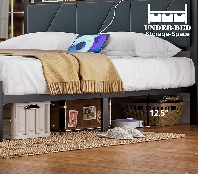 Furnulem Full Bed Frame with LED Lights,Headboard with Charging Station and USB Port,Upholstered Platform Bedframe Metal Support,No Box Spring Needed