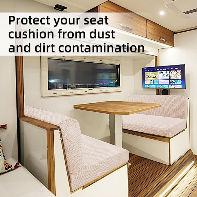 Rv Dinette Cushion Covers,Jacquard Stretchable Camper Cushion Cover,RV Cushion Slipcover,Rv Couch Cover Replacement for RV Camper Car Bench,2 Backrest Covers and 2 Bench Covers (Twill,Rice White)