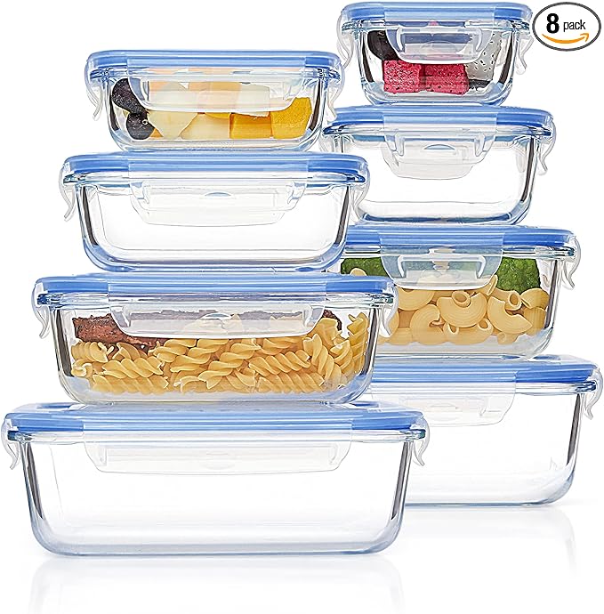 Vtopmart 8 Pack Glass Food Storage Containers with Airtight Lids, Glass Meal Prep Containers, Lunch Office Meal for Microwave, Oven, Freezer and Dishwasher, BPA Free