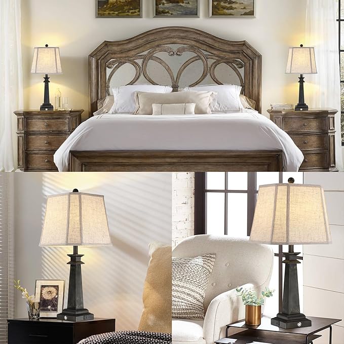 27.5" Table Lamp for Bedroom, 3-Way Dimmable Touch Lamp for Nightstand, Farmhouse Table Lamp for Living Room with USB A+C Charging Ports, Bulb Included (Black)