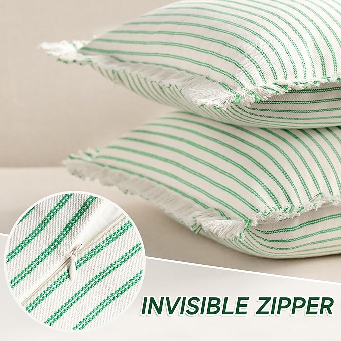 ZWJD Throw Pillow Covers 26x26 Set of 2 Green Striped Pillow Covers with Fringe Chic Cotton Decorative Pillows Square Cushion Covers for Sofa Couch Bed Living Room Farmhouse Spring Decor
