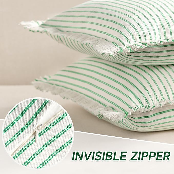 ZWJD Throw Pillow Covers 20x20 Set of 2 Green Striped Pillow Covers with Fringe Chic Cotton Decorative Pillows Square Cushion Covers for Sofa Couch Bed Living Room Farmhouse Spring Decor