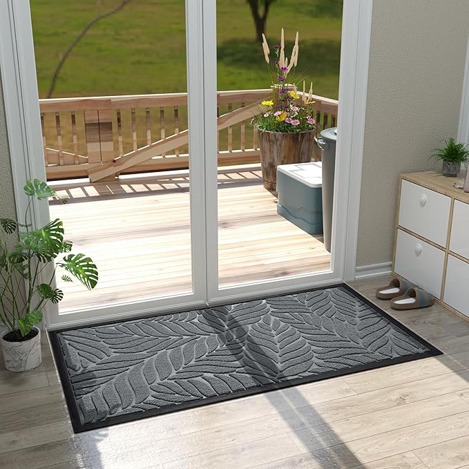 Yimobra Front Door Mat Outdoor Indoor, 47x24 All-Season Waterproof Welcome Matt, All-Weather Outside Entrance Mat, Non-Slip Patio Porch Doormat, Low Profile, Fade Resistant, Grey