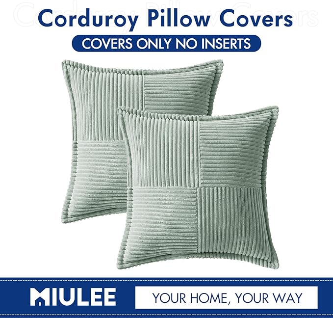 MIULEE Decorative Throw Pillow Covers for Couch Bed Livingroom 16x16 Inch Set of 2 Greyish Green Boho Accent Throw Pllows Broadside Striped Patchwork Soft Corduroy Summer Pillowcases