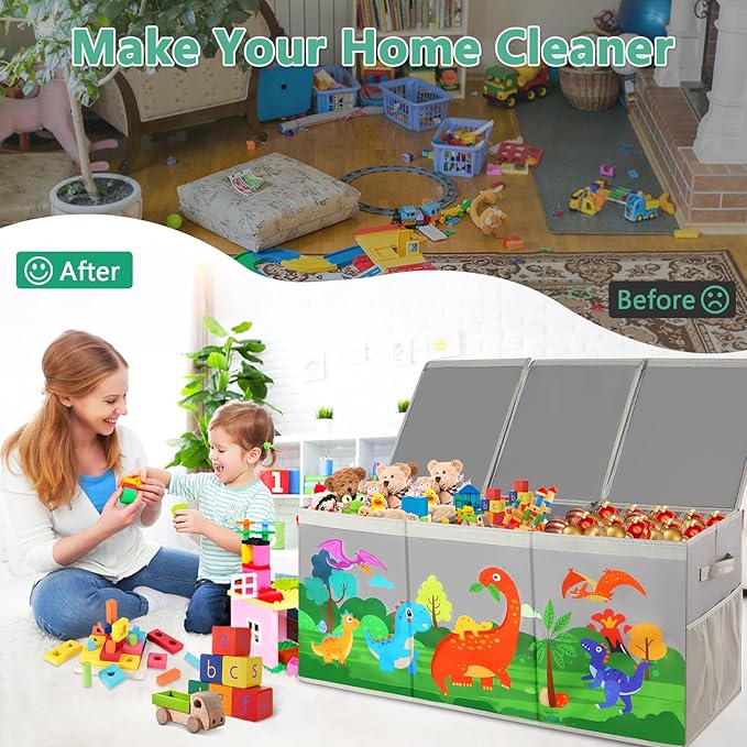 Extra Large Toy Box Chest with Lids, Collapsible Toy Storage Organizer for Kids, Dinosaur Toy Bin Box for Toddlers Boys Girls, Toy Organizer for Living Room Nursery Playroom Bedroom Home Grey