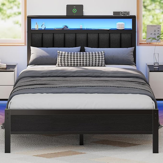 Furnulem Full Size Bed Frame with Charging Station and LED Lights, Platform Bed with Metal Slats, Grey Upholstered Headboard with 2-Tier Storage Shelves, No Box Spring Needed