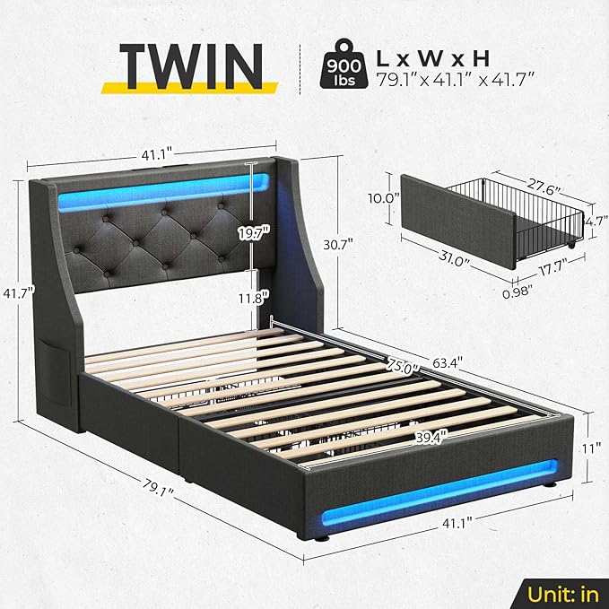Rolanstar Twin Bed Frame with LED Lights and Charging Station, Upholstered Bed with Drawers, Wooden Slats, Noise Free, Easy Assembly, Dark Gray