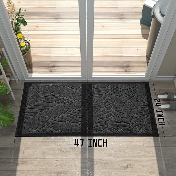 Yimobra Front Door Mat Outdoor Indoor, 47x24 All-Season Waterproof Welcome Mat, All-Weather Outside Entrance Mat, Non-Slip Patio Porch Doormat, Low Profile, Fade Resistant, Black
