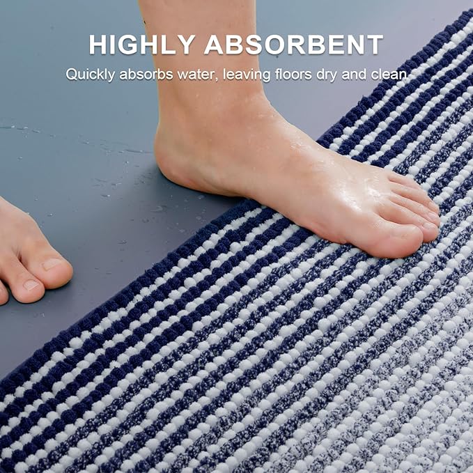 BSICPRO Bathroom Rugs and Mats Sets, 2 Piece Thick Absorbent Chenille Bath Mat Rug Set Non Slip, Soft Shaggy Bath Room Floor Mats for Bathroom, Machine Washable (20" x 32" Plus 16" x 24", Navy)