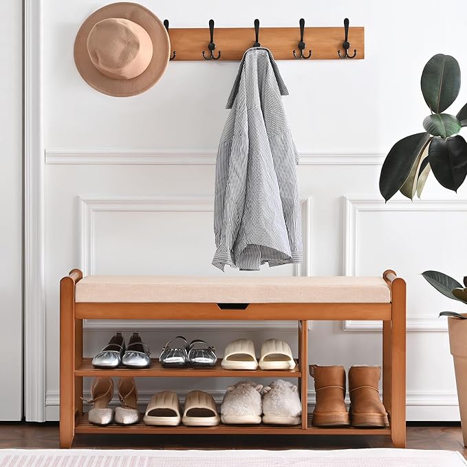 39.4in Shoe Bench with Coat Rack, 3-Tier Bamboo Entryway Bench Hall Tree Shoe Rack Holds Up to 330lb for Bedroom Hallyway