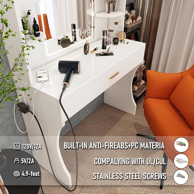 Vanity Desk, Makeup Vanity with LED Light Mirror, Small White Vanity with a Super Large Drawer and Power Outlet, 3 Color Lighting Modes Makeup Table for Bedroom, Dressing Room (White2)