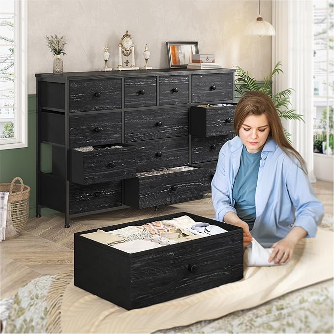Black Dresser with 13 Fabric Dresser,Tv Stand for Bedroom for 40,50,55 inch Tv,Entertainment Center,Storage Drawers for Living Room, Hallway, Entryway 47.2" Wx 33" H X 11.8" D