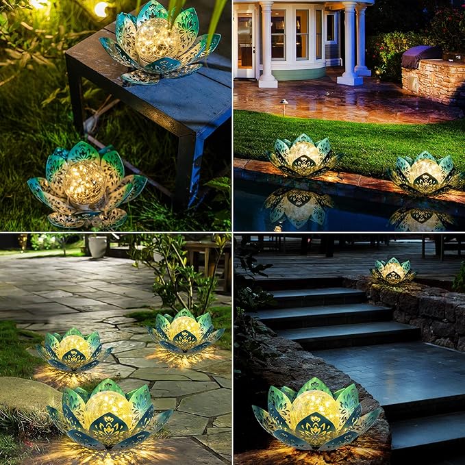 Huaxu Solar Lights Outdoor Decorative - Bright Blue Lotus Flower Table Lamp, Glass Globe 30 LED Waterproof Metal Decorations Gifts for Mom Women Garden Patio Pathway Yard Balcony Outside Decor