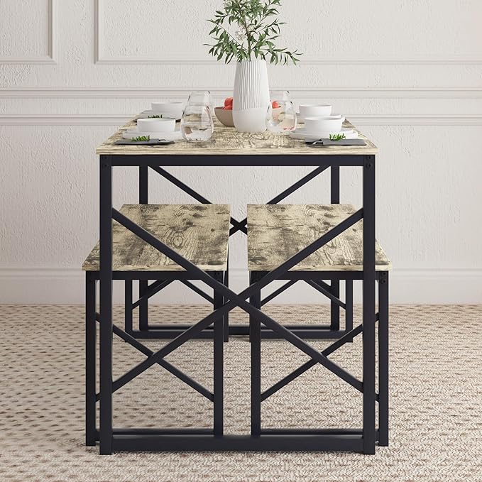 VECELO Kitchen Table with 2 Benches for 4, 43.3'' Wood Dining Room Dinette Sets with Metal Frame for Breakfast Nook and Small Space, Grey